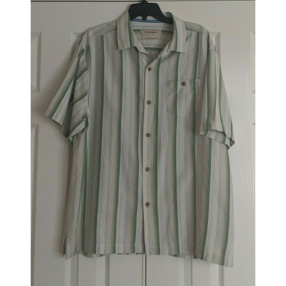 Tommy Bahama Shirt Original Fit Men's Size Large XL Green Striped Silk